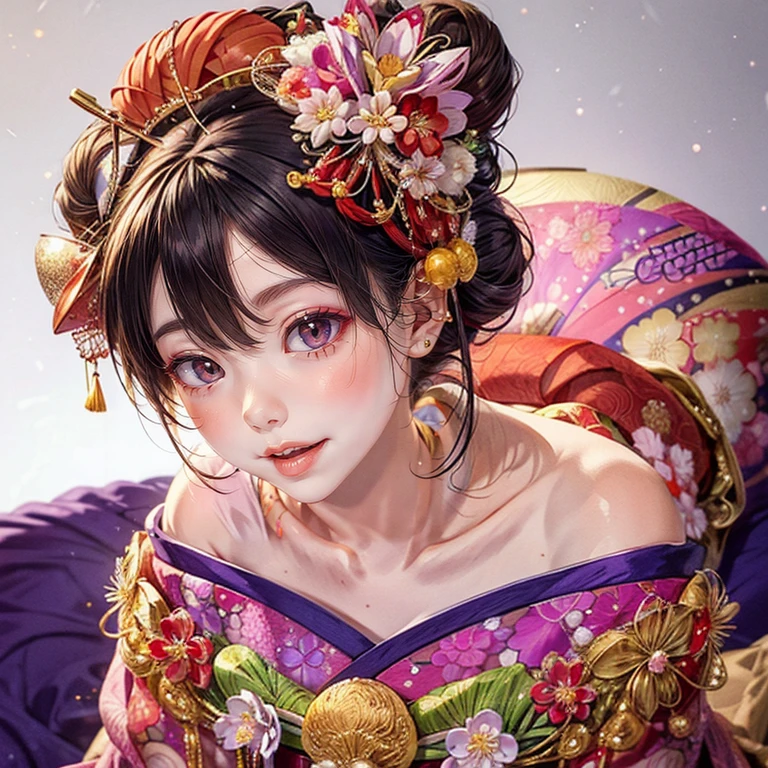 (PUNIPUNI clavicle KIMONO ((offshoulder)) KANZASHI FlowerHairpins Topknot TwinBun Oiran-Hair)High-level, 8K Masterpiece TopQuality, Ultra-detailed CG, Absurd detailed wallpaper, PerfectLighting, Extremely detailed (((Personifying " OIRAN " as a KAWAII Girl))), Characteristic Items, aesthetic LifeLike Rendering, MysticSight, Haze Tyndall Scattering, (Studio GRAY Background with (Oodles Dazzling Iridescent 🌈Particles (BokeH))), (((Assfocus)) RoundlyButt) ThighGap, (Exposed:0.44) 🔞 BREAK (Acutance:0.8), (NOGIZAKA FaceVariations) Extremely Detailed very KAWAII FaceVariations, Childish CaptivatingGaze ElaboratePupils ParfectEyes with (SparklingHighlights:1.28), (Voluminous LongEyelashes:0.88), 💄💋✨ GlossyRedLips with BeautifulDetails, CoquettishTongue, PUNIPUNI RosyCheeks, Radiant PearlSkin with Transparency, Glowing DowneyHair . { (Dynamic LifeLike expressions:1.4) | (:d) }, (large eyes:-1) .