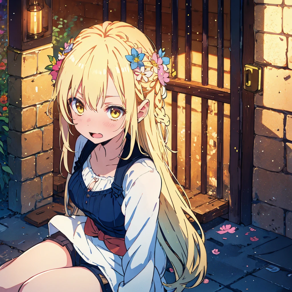 Girl with dog ears and tail, erect ears, honey yellow eyes, Highly detailed eyes, long hair and(( White)) with a small braid on the sides, denim shorts, translucent blouse, whole body, looking up, open mouth smile, big chest, beautiful body, detailed face y con amplia gama de gestos, sitting on a bench around a garden with flowers of various colors, detailed background, detailed face, Play of light and shadows, cinematographic, high quality, 8k, Masterpiece, 