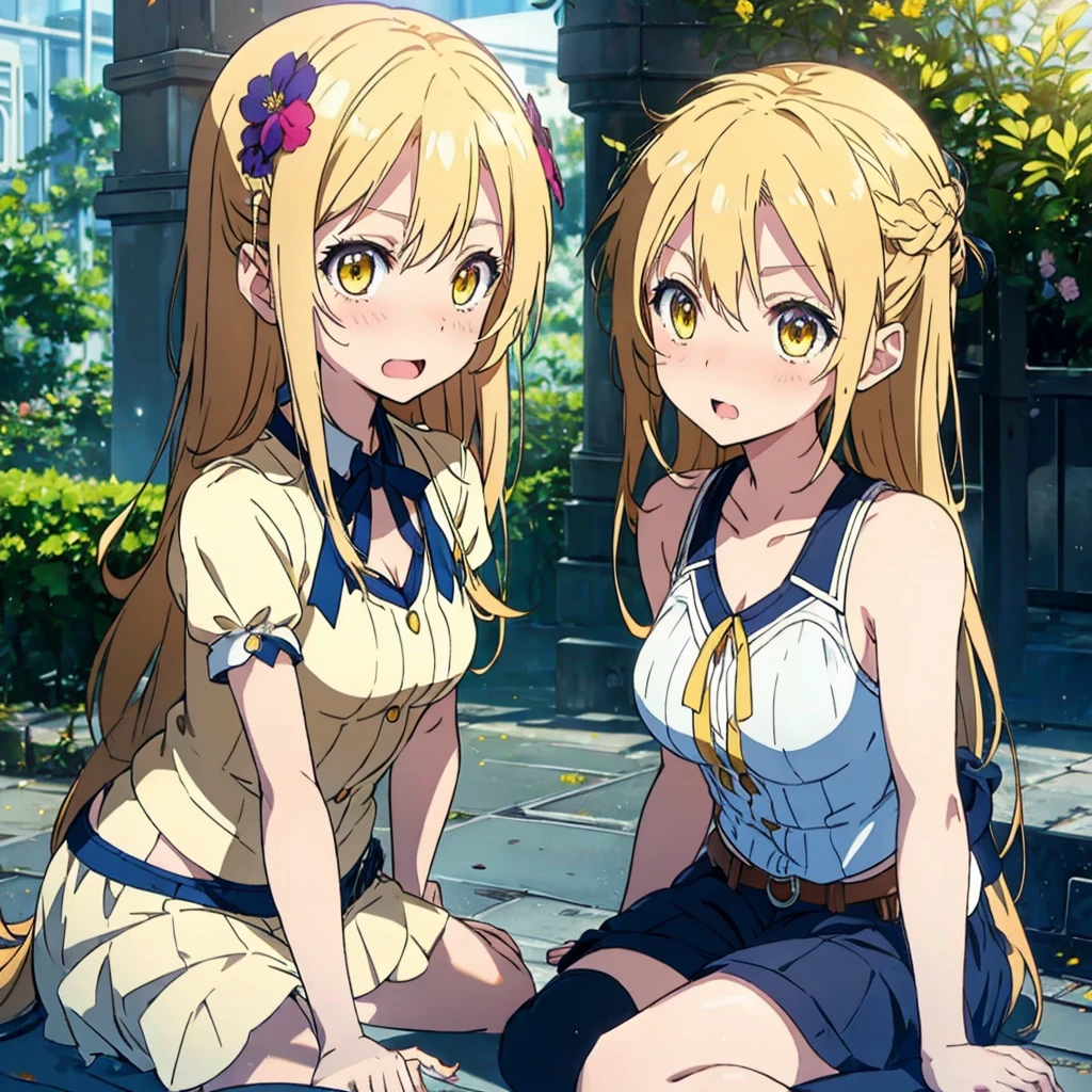 Girl with dog ears and tail, erect ears, honey yellow eyes, Highly detailed eyes, long hair and(( White)) with a small braid on the sides, denim shorts, translucent blouse, whole body, looking up, open mouth smile, big chest, beautiful body, detailed face y con amplia gama de gestos, sitting on a bench around a garden with flowers of various colors, detailed background, detailed face, Play of light and shadows, cinematographic, high quality, 8k, Masterpiece, 
