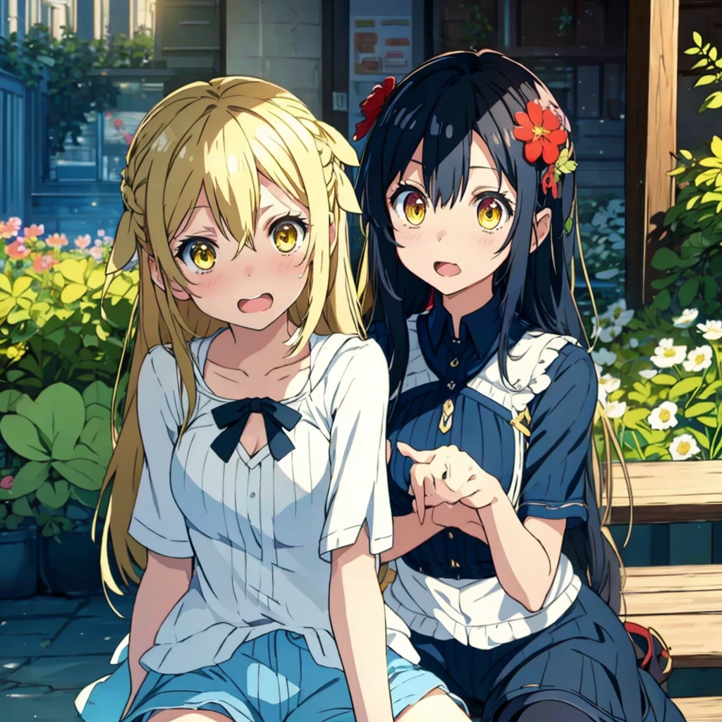 Girl with dog ears and tail, erect ears, honey yellow eyes, Highly detailed eyes, long hair and(( White)) with a small braid on the sides, denim shorts, translucent blouse, whole body, looking up, open mouth smile, big chest, beautiful body, detailed face y con amplia gama de gestos, sitting on a bench around a garden with flowers of various colors, detailed background, detailed face, Play of light and shadows, cinematographic, high quality, 8k, Masterpiece,