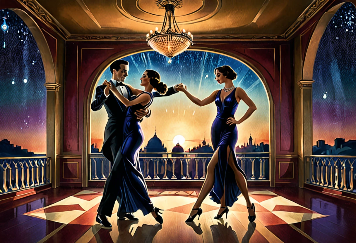 a man and woman dancing tango, art deco ballroom, warm color palette, 1920s, 1 man 1 woman, sexy tango dance pose, ballroom dancers, ornate art deco interior, detailed architectural features, chandelier, (best quality,4k,8k,highres,masterpiece:1.2),ultra-detailed,(realistic,photorealistic,photo-realistic:1.37), natural lighting, natural shadows, Outside the window is a balcony. a narrow french window with an arched top leads out to the balcony, man facing forward, woman facing away from viewer, dancing the tango, woman is wearing a purple dress with slit, she has her right leg out to the side, (exposing her thigh:1.5), Outside is dark, small stars are shining in (the dark blue sky:1.3), (dimly lit room:1.2), and shadows are cast on the eye sockets, making it impossible to read their expressions, detailed facial 