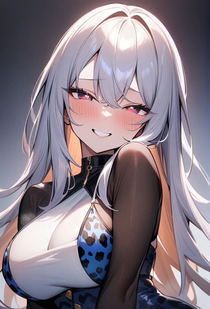 masterpiece, best quality, very aesthetic, absurdres, 1girl, looking at viewer, upper body, long hair, large breasts, enamel leopard,seductive smile,heart shaped pupils, simple background