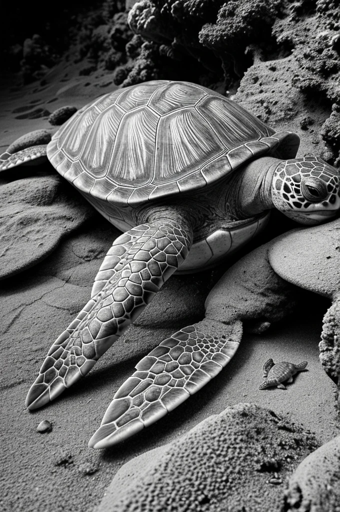 Best Quality, intricate details, line art, monochrome, a turtle exploring its marine environment with a large shell