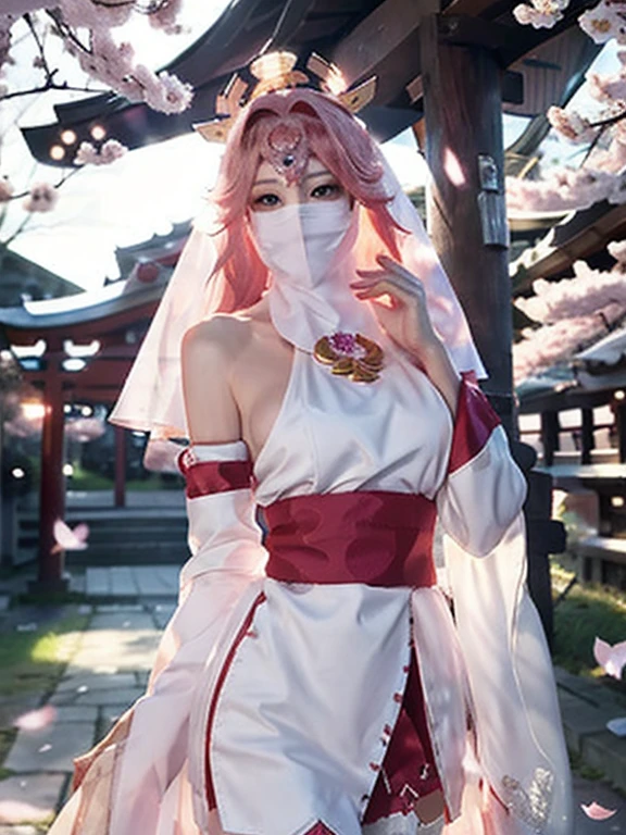 1girl, (ulzzang-6500:0.725), Detail Beautiful delicate face, Detail Beautiful delicate eyes, kpop idol, yae miko, detached sleeves, bare shoulders, pink hair, long hair, best quality, (photorealistic:1.2), (hair ornament:1.35), jewelry, purple eyes, earrings,, large breasts, torii, cherry blossoms, lantern light, depth of field, detailed face, face focus, (looking at viewer:1.25), shiny skin, long sleeves, wearing face veil, (white face veil, silk mask veil:1.2), game cg, thighhighs, hands on lips, east asian architecture, blurry background, full body, arms behind back