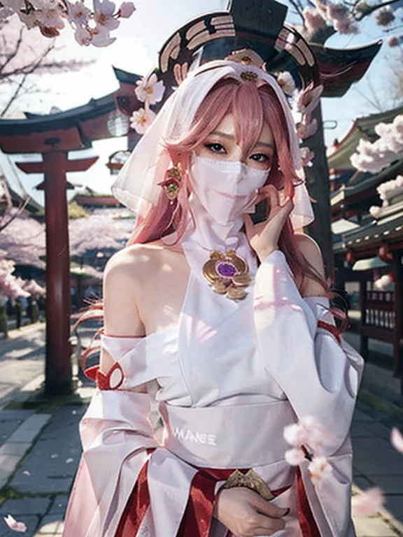 1girl, (ulzzang-6500:0.725), Detail Beautiful delicate face, Detail Beautiful delicate eyes, kpop idol, yae miko, detached sleeves, bare shoulders, pink hair, long hair, best quality, (photorealistic:1.2), (hair ornament:1.35), jewelry, purple eyes, earrings,, large breasts, torii, cherry blossoms, lantern light, depth of field, detailed face, face focus, (looking at viewer:1.25), shiny skin, long sleeves, wearing face veil, (white face veil, silk mask veil:1.2), game cg, thighhighs, hands on lips, east asian architecture, blurry background, full body, arms behind back