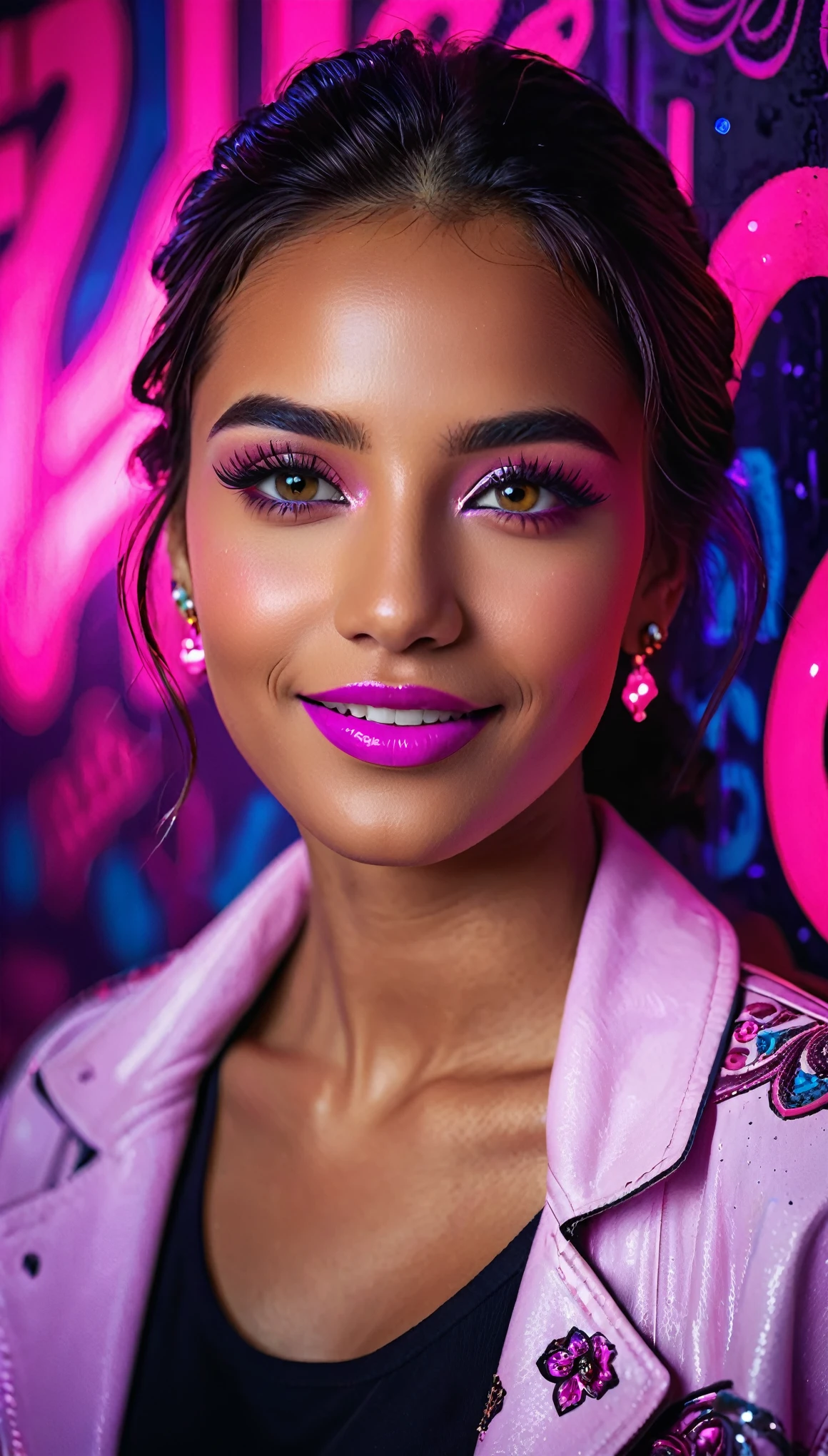 a detailed and ornate portrait of a young woman with a warm, radiant smile, set against a vibrant neon pink graffiti-covered backdrop in a dark night scene, with bright glowing eyes and a striking purple lighting effect, (best quality,4k,8k,highres,masterpiece:1.2),ultra-detailed,(realistic,photorealistic,photo-realistic:1.37),extremely detailed facial features,beautiful detailed eyes,beautiful detailed lips,extremely detailed eyes and face,longeyelashes,intricate ornate decorations,food items,studio lighting,vivid colors,professional,dark moody atmosphere, symmetrical face,