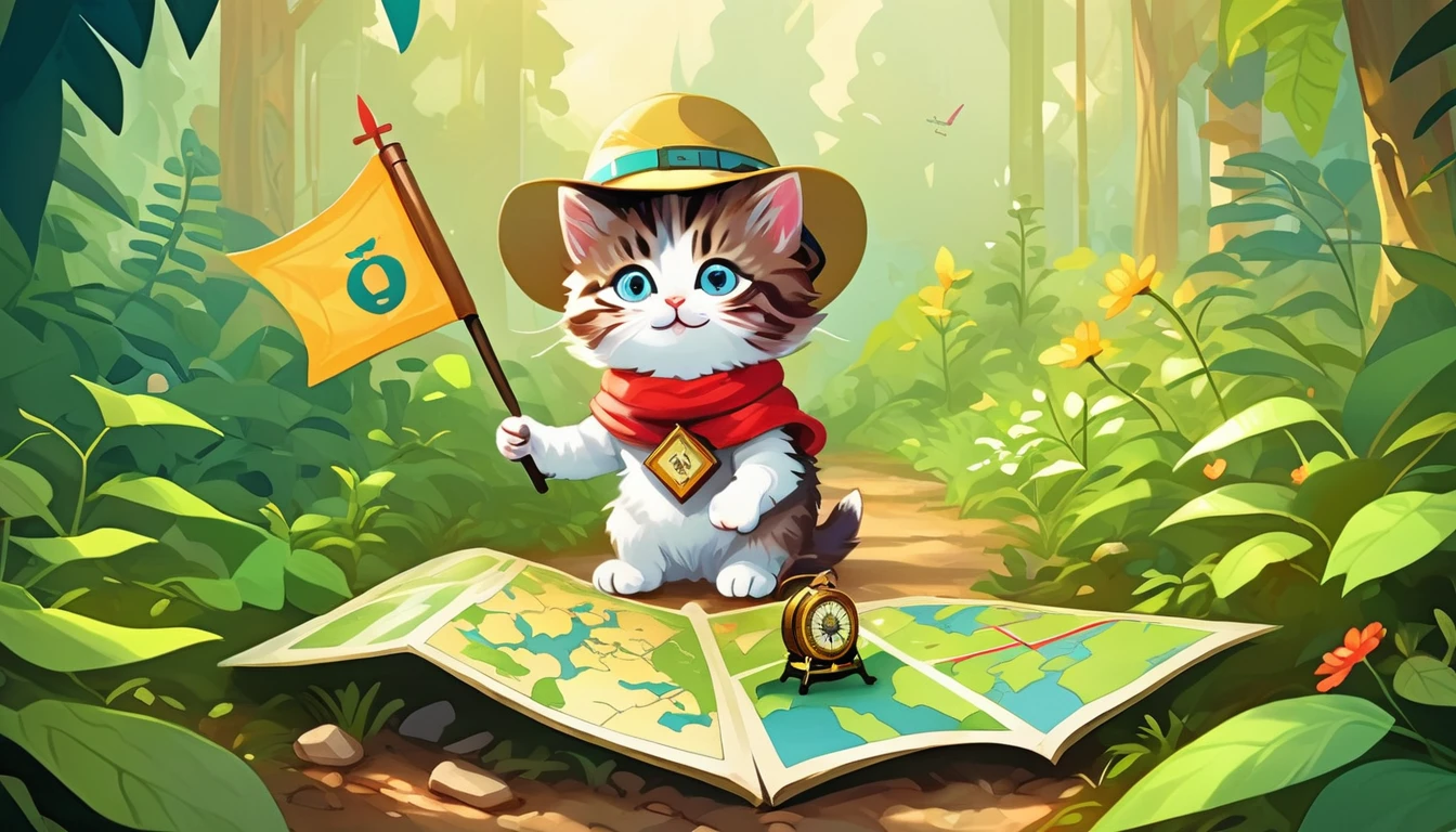 Small whimsical painting, Adventurous kitten in a little explorer hat, Navigating the Garden Jungle, With a map and compass in hand, Find hidden treasure.