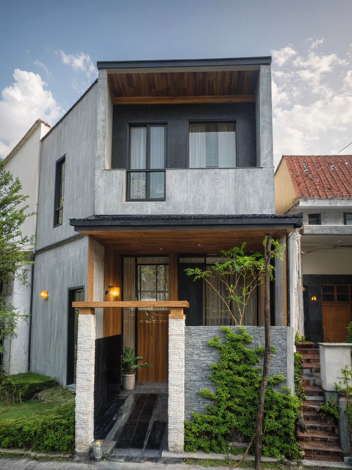 modern villa on street, (daylight), tropical tree, (slope roof, black tiled roof:1.2), vivid color, streetcapes, nice sky, grey tone, large glass door, warm interior lighting, modern material, best quality, ultra realistic, masterpiece, 17ArchiAI_XL_VL-v1