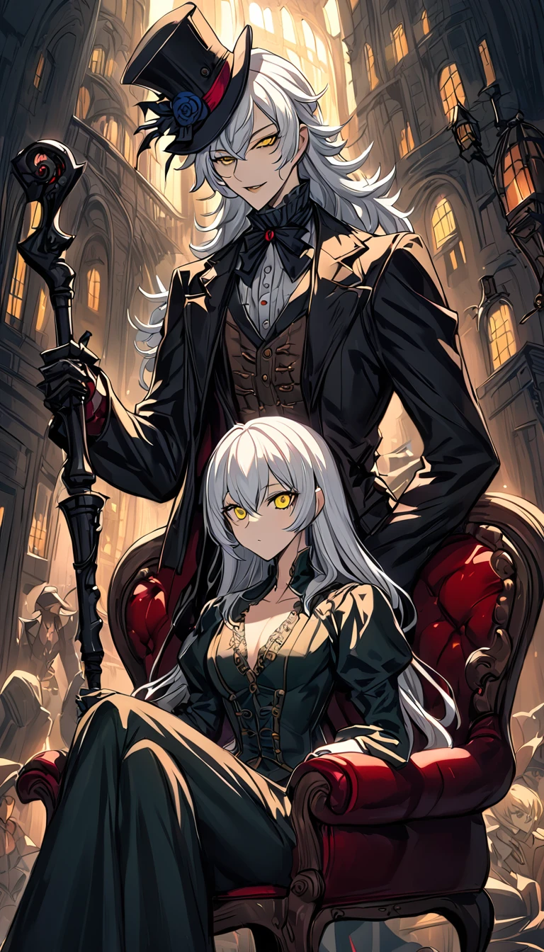 Sae Niijima | Persona 5, there is a woman sitting in a chair, holding cane, visible cane, white hair, long hair, yellow eyes, V-neck Prom Dress, bloodborne style, sitting on chair. intricate, grim-hatter, the madhatter, dishonored style, rococo cyberpunk, victorian vampire, inspired victorian sci - fi, zerochan art, inspired by J. J. Grandville,