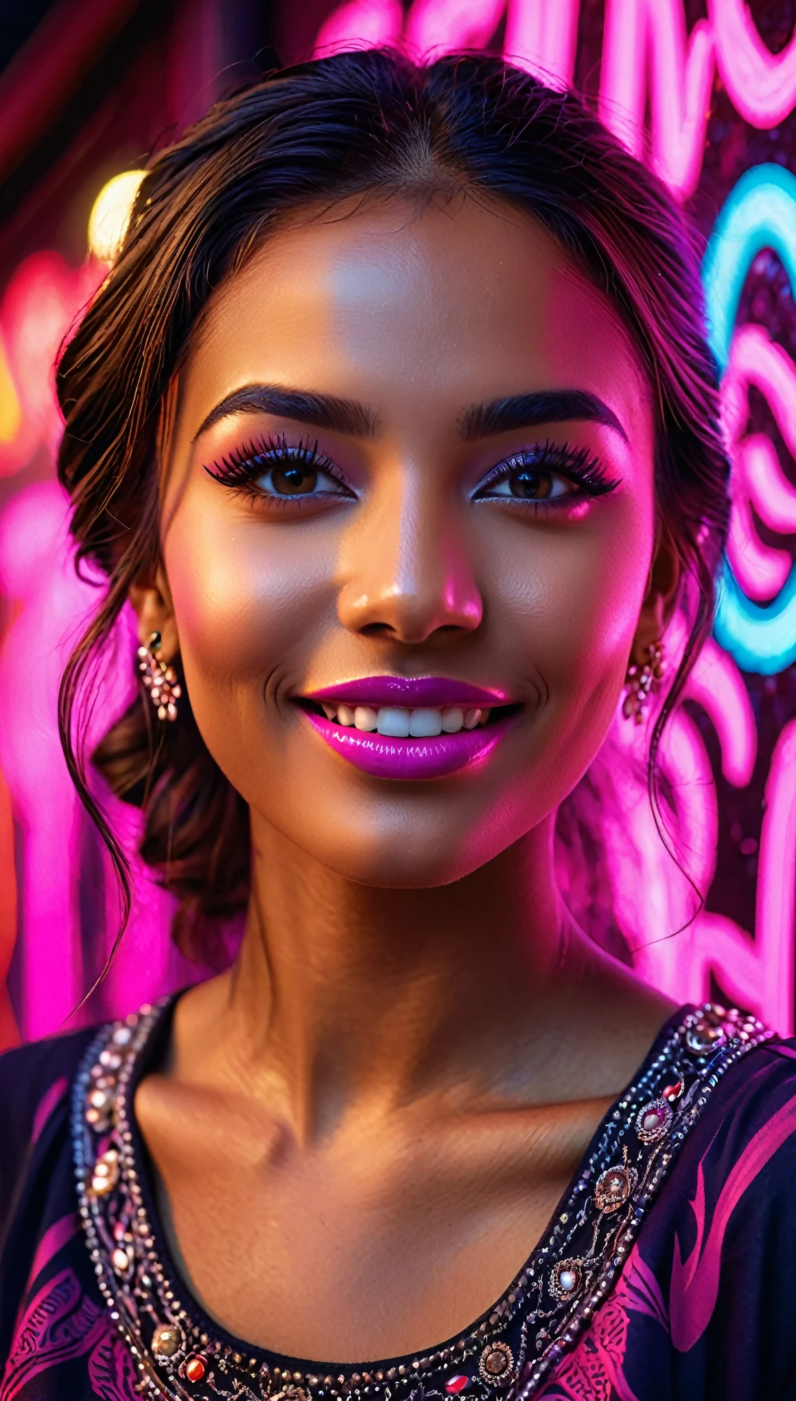 a detailed and ornate portrait of a young woman with a warm, radiant smile, set against a vibrant neon pink graffiti-covered backdrop in a dark night scene, with bright glowing eyes and a striking purple lighting effect, (best quality,4k,8k,highres,masterpiece:1.2),ultra-detailed,(realistic,photorealistic,photo-realistic:1.37),extremely detailed facial features,beautiful detailed eyes,beautiful detailed lips,extremely detailed eyes and face,longeyelashes,intricate ornate decorations,food items,studio lighting,vivid colors,professional,dark moody atmosphere, symmetrical face,