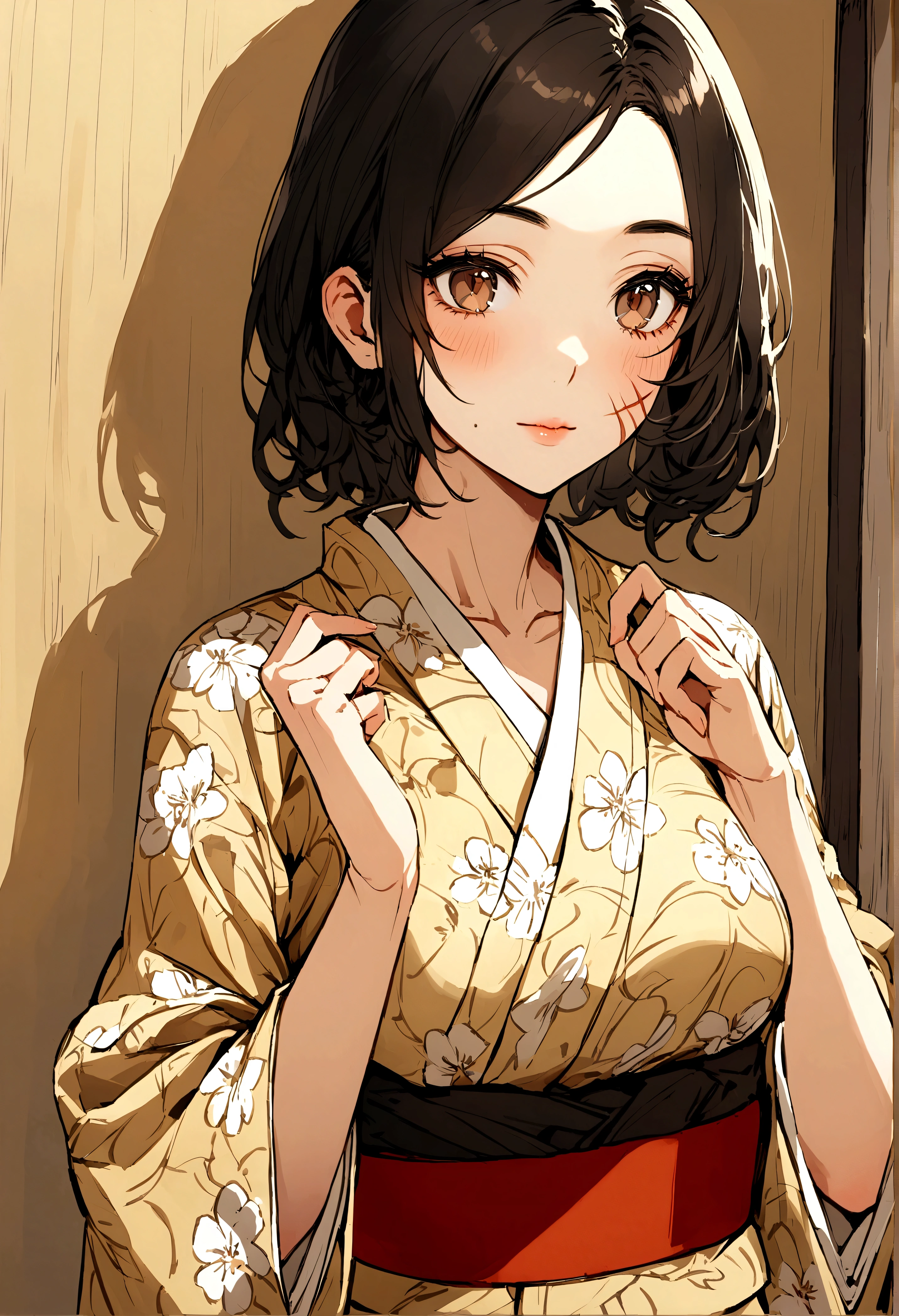 skin woman "Honey", brown eyes with some dark circles, a slight scar on the left cheek, medium black hair, clothes with yukata,