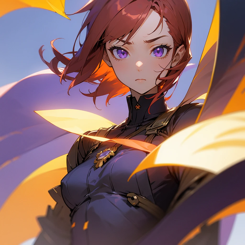 Gorgeous girl, perfect face, cute face, has a serius expression and thoughtful look, purple eyes, sharp eyes, short orange hair with, wears a world war outfit, imperial presence, small breasts, anime style, ufotable style.