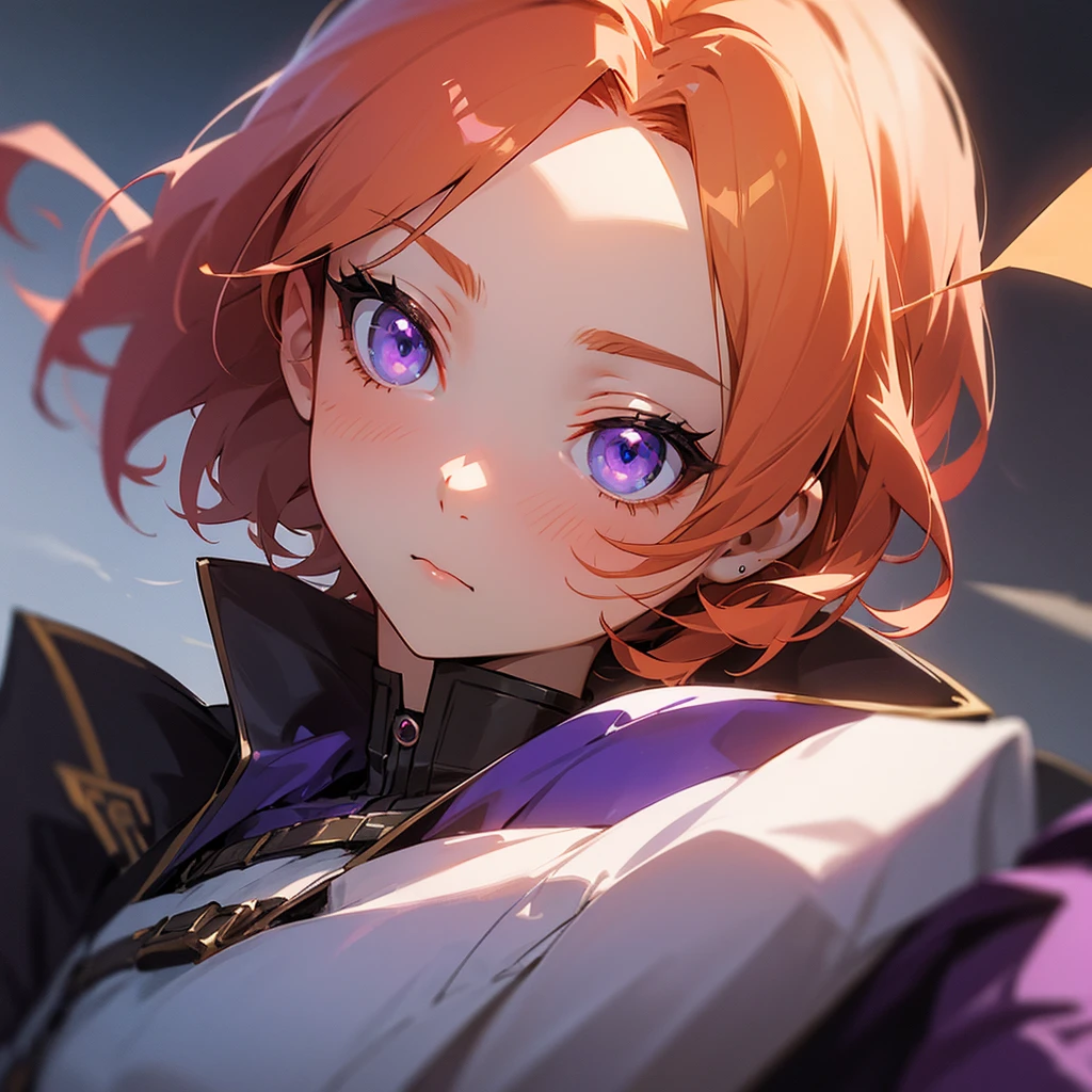 Gorgeous girl, perfect face, cute face, has a serius expression and thoughtful look, purple eyes, sharp eyes, short orange hair with, wears a world war outfit, imperial presence, small breasts, anime style, ufotable style.