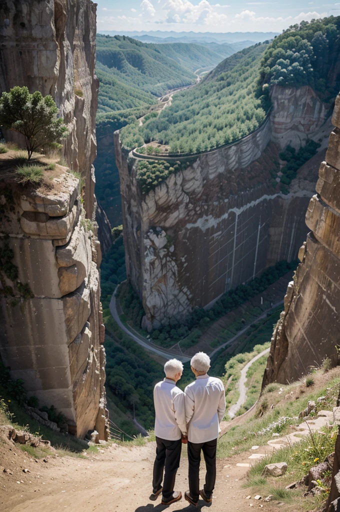 White hair father and son standing in cliff , father tell big picture of constraction , in front rural area of empty mountain, zoom out, view from back