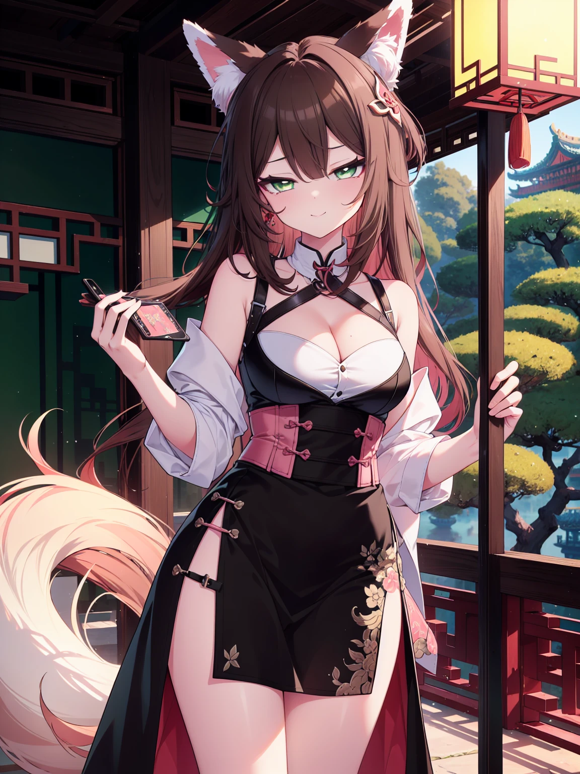 (cowboy shot), (colorful:1.1), glowing, (ultra-high resolution, depth of field:1.2), (Tingyun), (Honkai Star Rail:1.1), solo, fox ears, (brown hair), long brown hair with a hint of green, green eyes, red underliner, (white fox tails with a hint of pink) four fox tails, fluffy tails, medium breasts, (long dress), (long black dress with a waist cincher:1.2), (crossed collar shirt), cleavage, bare legs, smile, (squinting), Chinese garden scenery