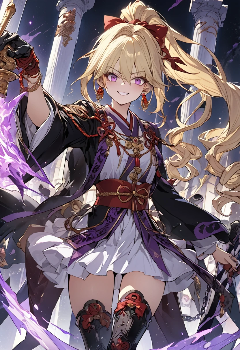 dark persona, Leading a ritual, pillars of purple fire, gripping sword in hand, masterpiece, best quality, ultra-detailed, illustration, beautiful detailed eyes, kusakabe maron, kaitou jeanne, long hair, evil smile, black cloth, purple eyes, boots, blonde hair, bow, ribbon, hair ribbon, ponytail, earrings, red ribbon, red bow, drill hair, high ponytail, purple obi, chains, yin yang, earring, pierces, beautiful art, high res, perfect face, detailed outfit,