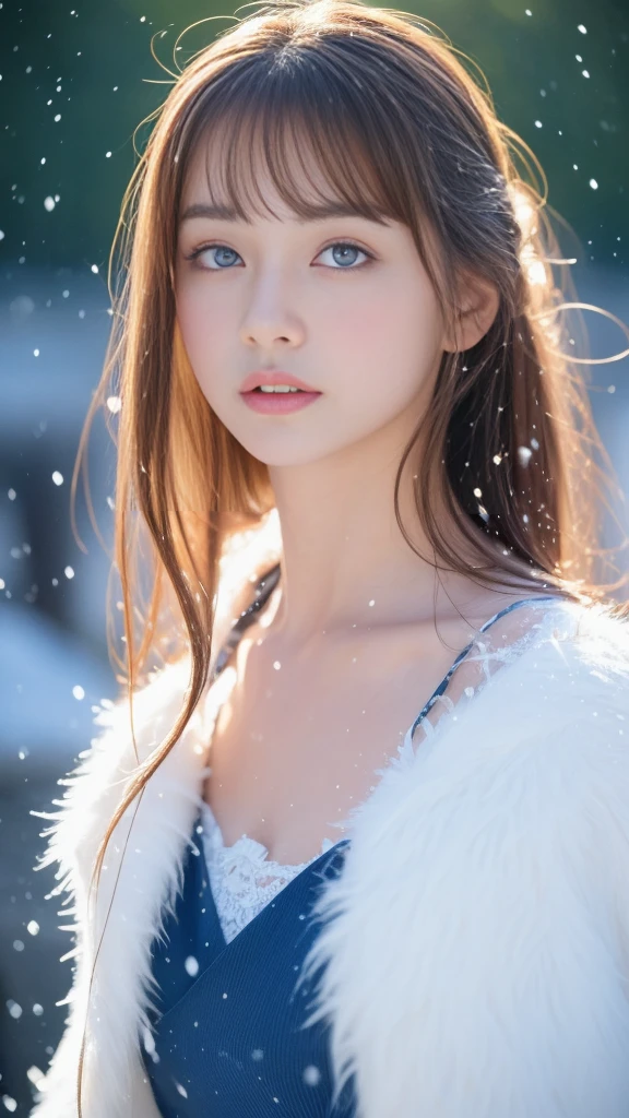 (highest quality, 8k, 32K,details are very clear),Realistic, High resolution, 1 Japanese Women, alone, (Lolita Costume),Gorgeous costumes,Facing the audience,(Upper Body,Upper limbs), Beautiful Eyes, brown hair, Ring-shaped eyes, (outside,Heavy snowfall,thick fur cape,Cover with snow),Snowfield,blue eyes,highest qualityのイラスト,Detailed facial features