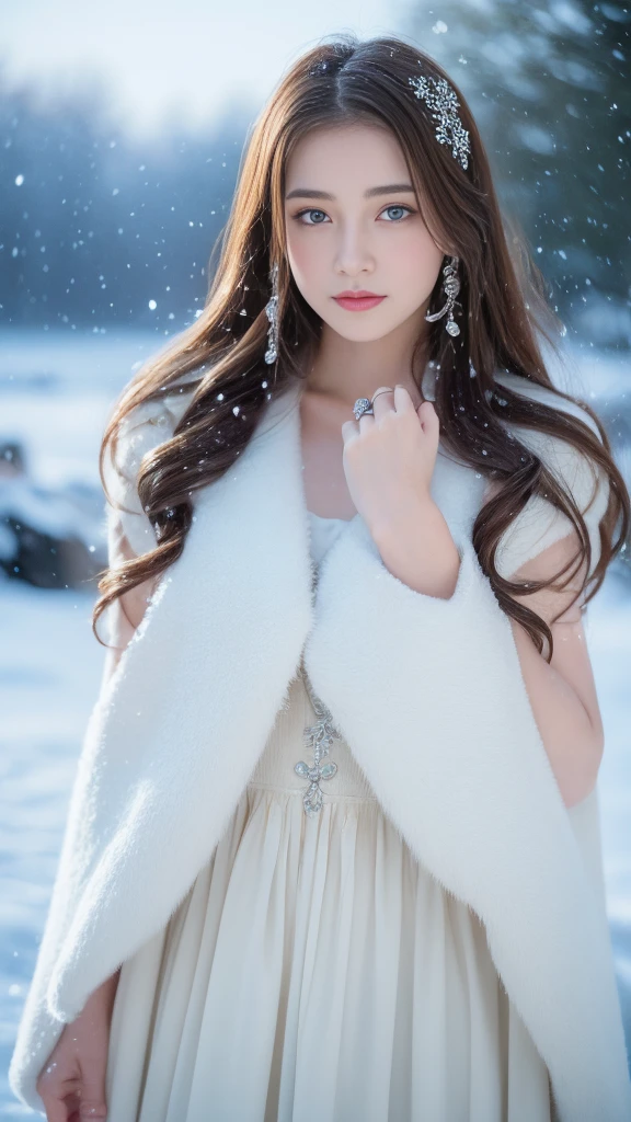 (highest quality, 8k, 32K,details are very clear),Realistic, High resolution, 1 Japanese Women, alone, (ta Costume),Gorgeous costumes,Facing the audience,(Upper Body,Upper limbs), Beautiful Eyes, brown hair, Ring-shaped eyes, (outside,Heavy snowfall,thick fur cape,Cover with snow),Snowfield,blue eyes,highest qualityのイラスト,Detailed facial features