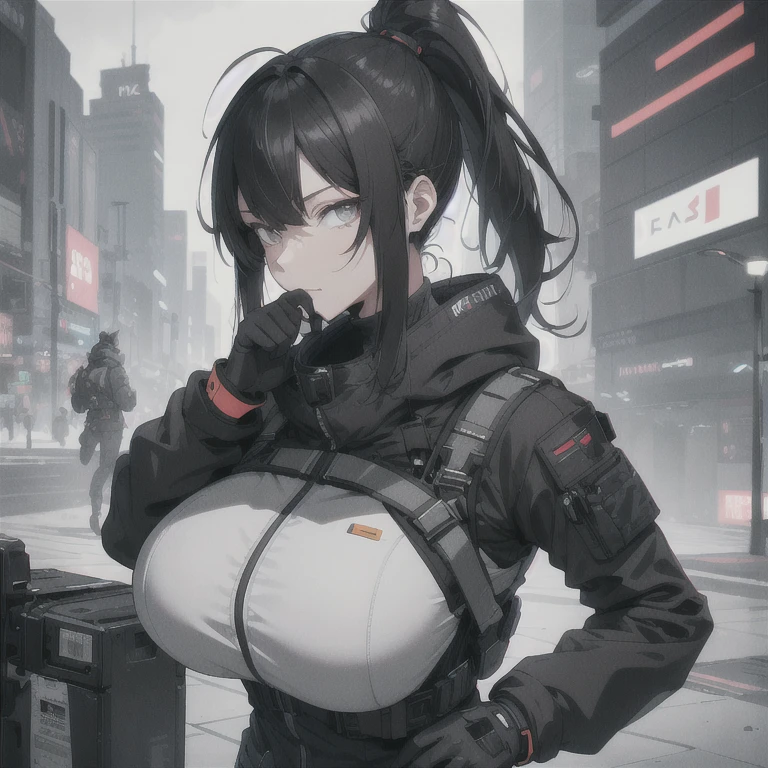 Absurd resolution, high resolution, (masterpiece: 1.4), hyper-detail, full body shot, solo, 1 kemono feline cat woman, black hair, messy ponytail, cute face, detailed soft grey eyes, extremely large bust, huge hyper super breasts, wide full hips, narrower torso, smaller torso, full thicc soft thighs, rounded full soft butt, monochrome black and grey fullbody covering protective padding pilot rugged utility suit with white chest, scifi padded high collar techwear jacket with white and black triangular decals and techwear iconography, techwear gloves, arm mounted strapped display scifi tablet/communication device/computer, rugged tablet display mounted on MOLLE strap on top of her bust, fitted utility pants, near future scifi, cyberpunk aesthetic, anime aesthetic