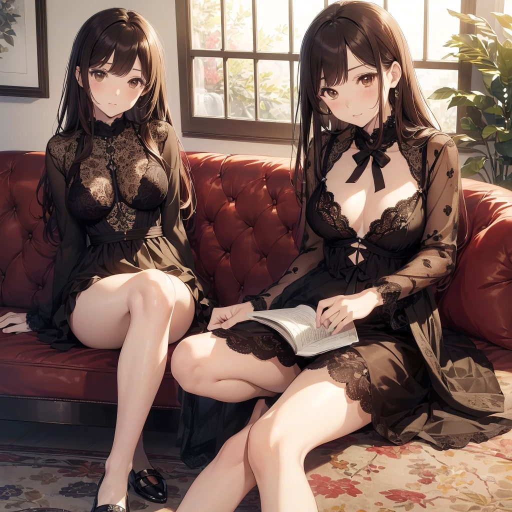 ((master piece)) , ((kanojo okarishimasu)) , ((mizuhara chizuru)) , ((detailed art style)) , ((highly detailed)) , ((finely detailed)) , ((beautiful girl)) , (photo realistic) , lingerie couch , sitting , arm support, ,Mizuhara Chizuru, brown hair, light brown eye,pretty lingerie