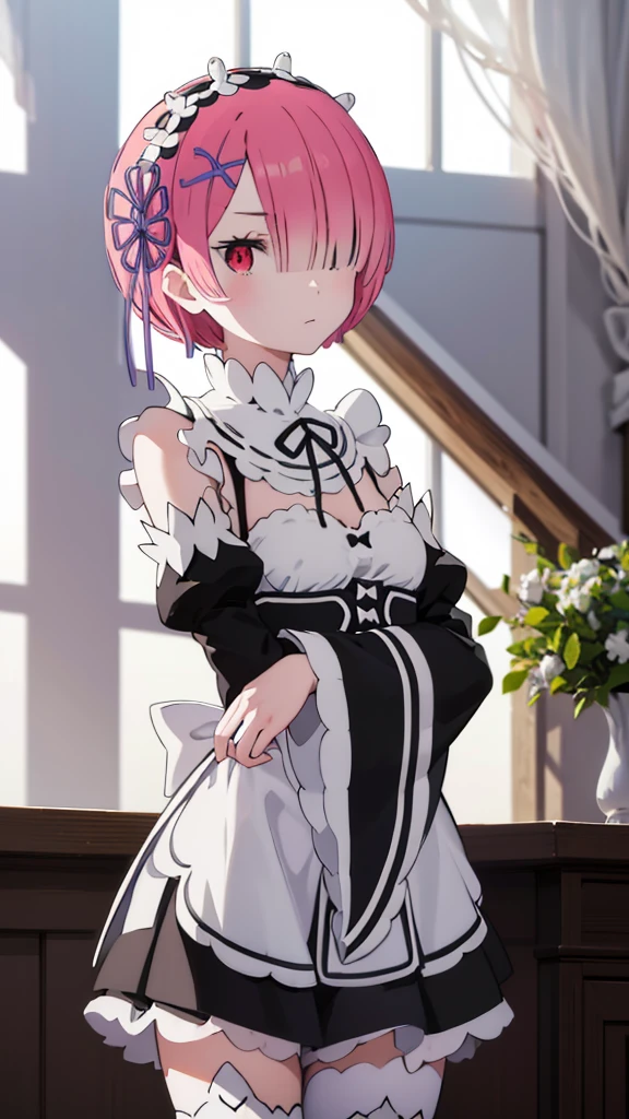 masterpiece, best quality, high resolution, best illustration, super fine illustration, (official art:0.8), (anime screencap:0.9), detailed beautiful face and eyes, anime keyvisual, (perfect anatomy:1.1), ultra detailed, 
1girl,
ram, 
ram \(re:zero\),
short hair, 
pink hair, 
(red eyes:1.2), (beatiful detailed eyes:1.2), 
maid headdress,  ribbon, x hair ornament, 
medium breasts, 
maid uniform, frilled apron, detached black sleeves, white tights, cold Shoulder, 
looking at viewer, 
cowboy shot, 
natural light, background of indoor, 