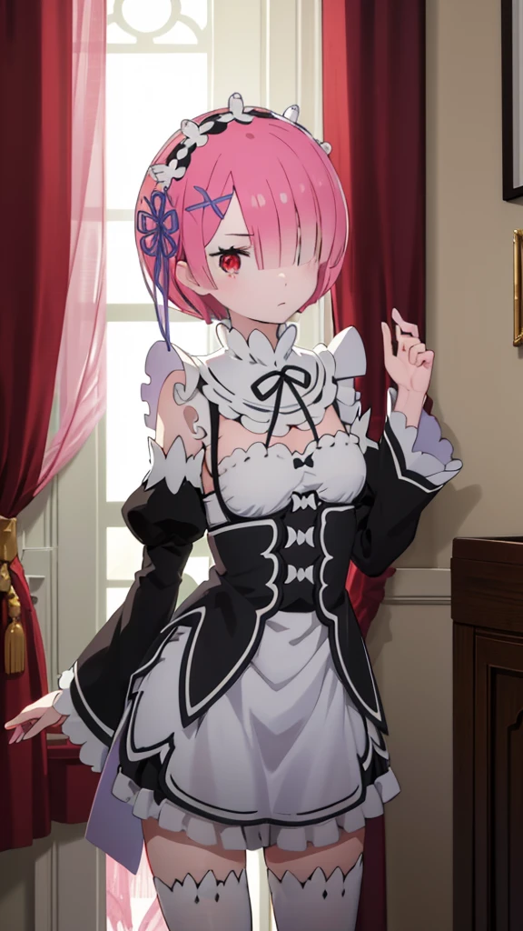 masterpiece, best quality, high resolution, best illustration, super fine illustration, (official art:0.8), (anime screencap:0.9), detailed beautiful face and eyes, anime keyvisual, (perfect anatomy:1.1), ultra detailed, 
1girl,
ram, 
ram \(re:zero\),
short hair, 
pink hair, 
(red eyes:1.2), (beatiful detailed eyes:1.2), 
maid headdress,  ribbon, x hair ornament, 
medium breasts, 
maid uniform, frilled apron, detached black sleeves, white tights, cold Shoulder, 
looking at viewer, 
cowboy shot, 
natural light, background of indoor, 