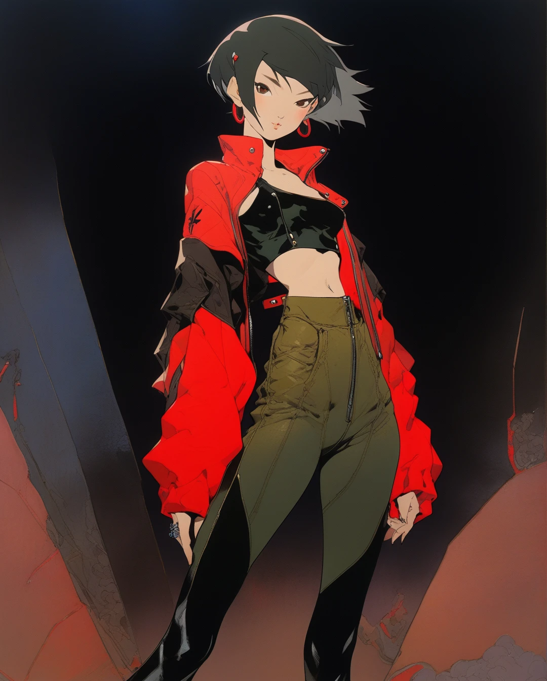 amano yoshitaka, a full-body, high-resolution anime style of A woman with black pixie cut hair, dressed in black tights, black boots, black crop top, and red leather jacket