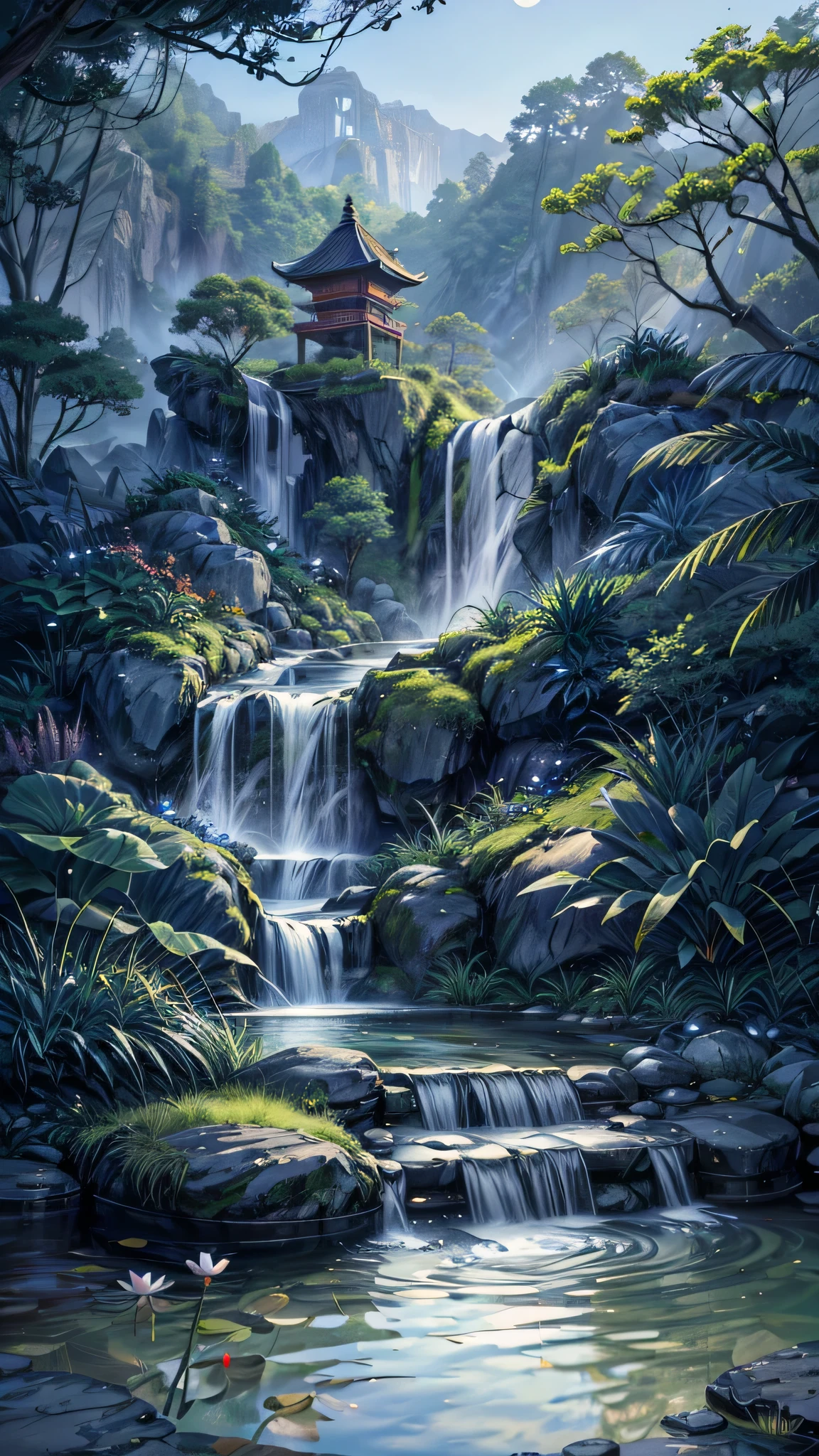 Ancient Chinese architecture, garden, bamboo, lake, stone bridge, rockery, arch, corner, rockery, tree, flowing water, landscape, outdoor, waterfall, meadow, rock, water lily, stream, lotus, moon, night view, hot springs, water vapor, (illustration: 1.0), epic composition, realistic lighting, high-definition detail, masterpiece, best quality, (very detailed CG unified 8k wallpaper), (best quality)