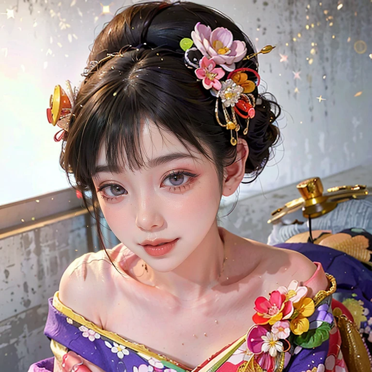 (PUNIPUNI clavicle KIMONO ((offshoulder)) KANZASHI FlowerHairpins Topknot TwinBun Oiran-Hair)High-level, 8K Masterpiece TopQuality, Ultra-detailed CG, Absurd detailed wallpaper, PerfectLighting, Extremely detailed (((Personifying " OIRAN " as a KAWAII Girl))), Characteristic Items, aesthetic LifeLike Rendering, MysticSight, Haze Tyndall Scattering, (Studio GRAY Background with (Oodles Dazzling Iridescent 🌈Particles (BokeH))), (((Assfocus)) RoundlyButt) ThighGap, (Exposed:0.44) 🔞 BREAK (Acutance:0.8), (NOGIZAKA FaceVariations) Extremely Detailed very KAWAII FaceVariations, Childish CaptivatingGaze ElaboratePupils ParfectEyes with (SparklingHighlights:1.28), (Voluminous LongEyelashes:0.88), 💄💋✨ GlossyRedLips with BeautifulDetails, CoquettishTongue, PUNIPUNI RosyCheeks, Radiant PearlSkin with Transparency, Glowing DowneyHair . { (Dynamic LifeLike expressions:1.4) | (:d) }, (large eyes:-1) .