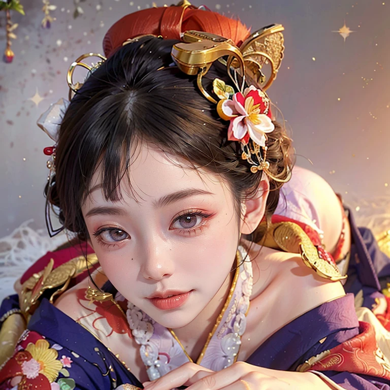 (PUNIPUNI clavicle KIMONO ((offshoulder)) KANZASHI FlowerHairpins Topknot TwinBun Oiran-Hair)High-level, 8K Masterpiece TopQuality, Ultra-detailed CG, Absurd detailed wallpaper, PerfectLighting, Extremely detailed (((Personifying " OIRAN " as a KAWAII Girl))), Characteristic Items, aesthetic LifeLike Rendering, MysticSight, Haze Tyndall Scattering, (Studio GRAY Background with (Oodles Dazzling Iridescent 🌈Particles (BokeH))), (((Assfocus)) RoundlyButt) ThighGap, (Exposed:0.44) 🔞 BREAK (Acutance:0.8), (NOGIZAKA FaceVariations) Extremely Detailed very KAWAII FaceVariations, Childish CaptivatingGaze ElaboratePupils ParfectEyes with (SparklingHighlights:1.28), (Voluminous LongEyelashes:0.88), 💄💋✨ GlossyRedLips with BeautifulDetails, CoquettishTongue, PUNIPUNI RosyCheeks, Radiant PearlSkin with Transparency, Glowing DowneyHair . { (Dynamic LifeLike expressions:1.4) | (:d) }, (large eyes:-1) .