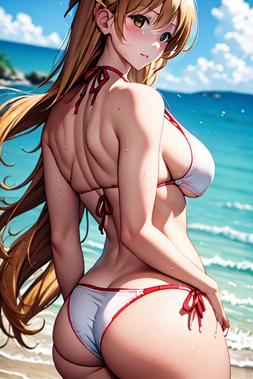 (masterpiece, Highest quality, figure), Digital Art, Asuna (star), White bikini, ((See-through bikini)), (I can see your butt), Back view, (Wet Panties), (Perfect round ass), A somewhat athletic back, The body is slim, Long blonde hair, Blushing, Recall, Captivating look, Beach Hat, Beach Background, High resolution, 4K, 8K, (High resolution), Very detailed, Award-winning