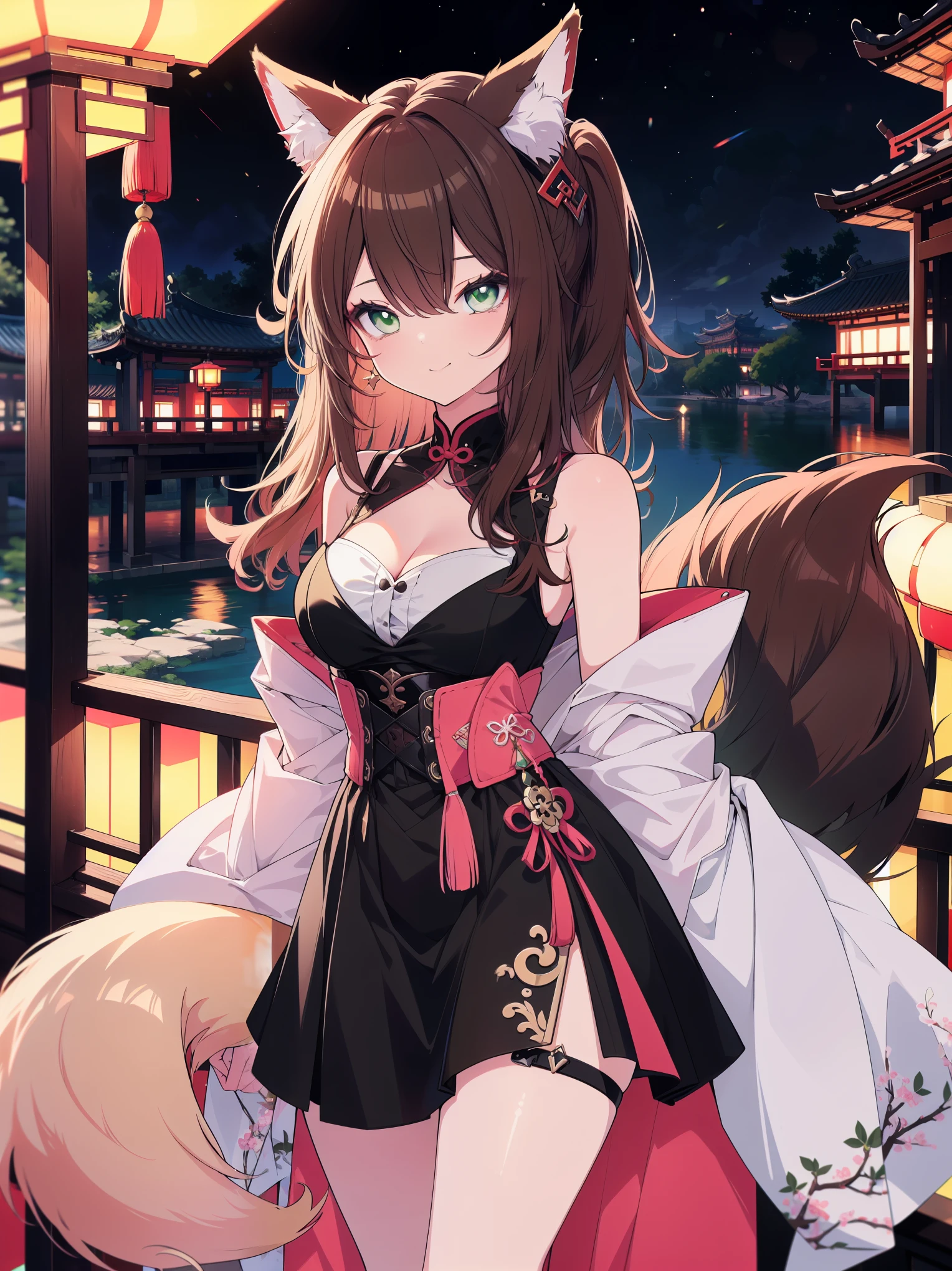 (cowboy shot), (colorful:1.1), glowing, (ultra-high resolution, depth of field:1.2), (Tingyun), (Honkai Star Rail:1.1), solo, fox ears, (brown hair), long brown hair with a hint of green, green eyes, red underliner, (white fox tails with a hint of pink) four fox tails, fluffy tails, medium breasts, long dress, (long black dress with a waist cincher:1.2), crossed collar shirt, cleavage, bare legs, smile, (squinting), Chinese garden scenery