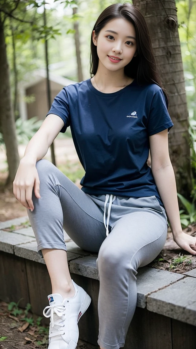 masterpiece, best quality, Surreal, Ultra Detailed, 8k resolution, RAW photos, Clear focus, (A girl in the forest), ((navy blue shirt:1.1)), Short sleeve, Long sweatpants,Full body posture, Solitary, Perfect body, Become a, 36 inches in the chest,(a charming smile:1), (sexy pose)，26 years old, light,White shoes,Selfie,