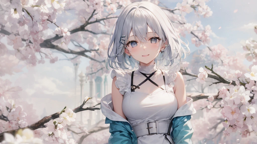 Her eyes were shining、Mysterious and enchanting atmosphere。With AI Painting、とてもShort Hair, Long bangs between the eyes, Very detailed,(masterpiece、Highest quality)、alone、Gray Hair、Fantasy, Silver Hair, Fantasyな風景、White shirt、smile、Open your mouth、Scarf、short hair、Short Hair、hairpin、black eye、Grey Eyes、Beautiful Eyes
