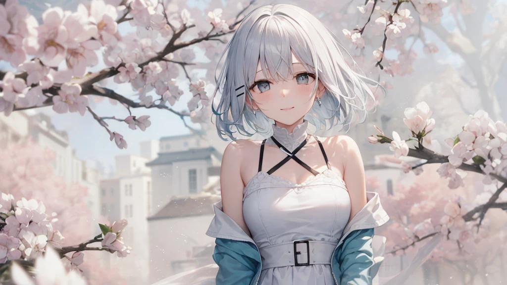 Her eyes were shining、Mysterious and enchanting atmosphere。With AI Painting、とてもShort Hair, Long bangs between the eyes, Very detailed,(masterpiece、Highest quality)、alone、Gray Hair、Fantasy, Silver Hair, Fantasyな風景、White shirt、smile、Open your mouth、Scarf、short hair、Short Hair、hairpin、black eye、Grey Eyes、Beautiful Eyes