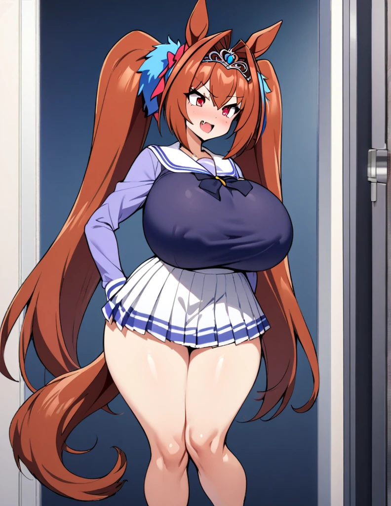 masterpiece, best quality, highres, 1girl, daiwa scarlet (umamusume), horse ears, long hair, twintails, tiara, horse tail, very long hair, brown hair, long sleeves, gigantic huge breasts, Whipped thighs,Trasen School costume, white thighhig, White skirt, sailor shirt,Sailor collar, Purple shirt, a miniskirt,bangs,fang, red eyes, hair,between eyes, hair bow, smile,standing,short stature,very near,lascivious,Females in heat,lecherous look,SFW,