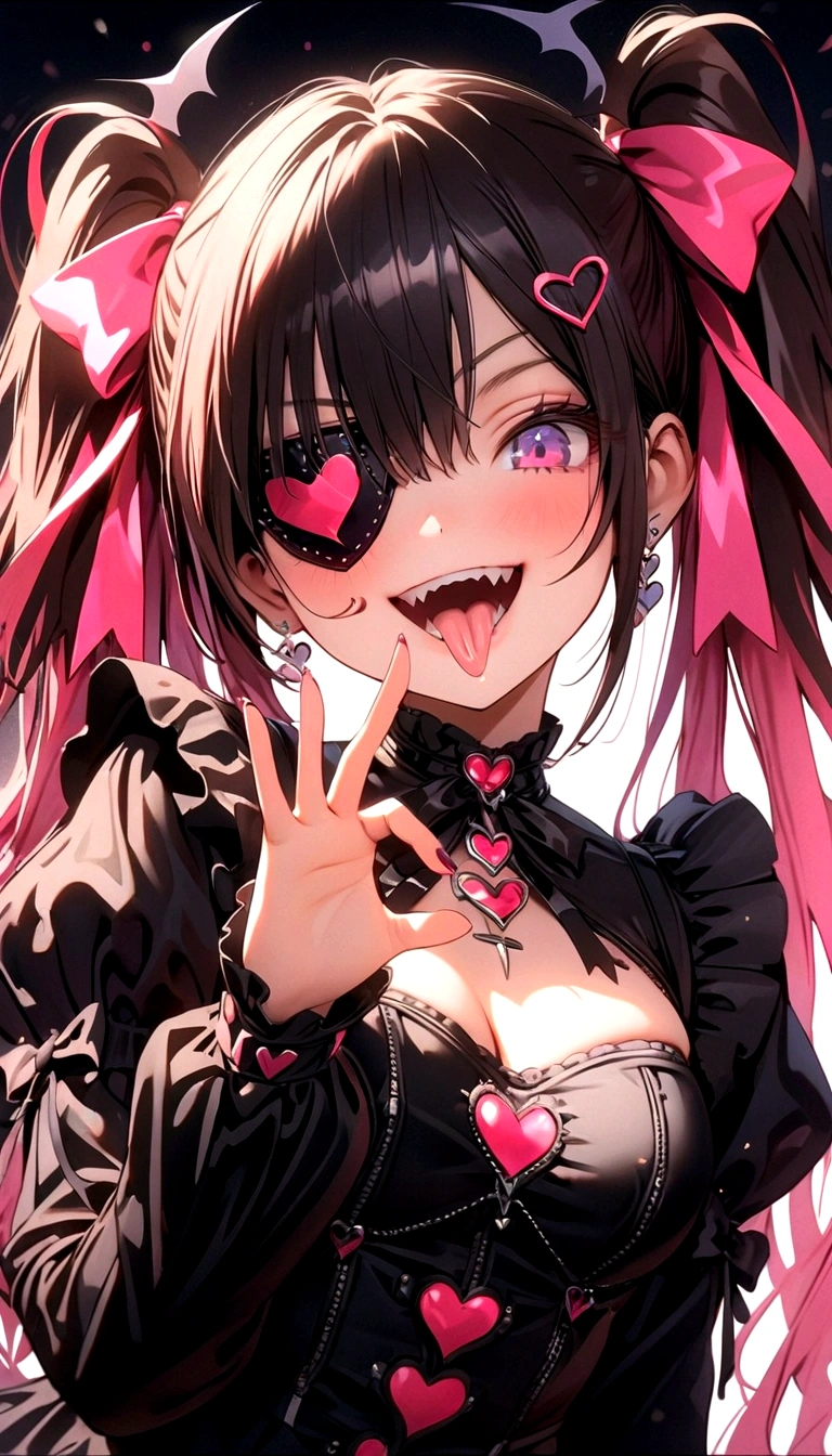female\((cute,eye patch\(very cute, gothic fashion,heart mark\):1.3),1,skin\(white,pale,smooth,silky,shiny\),eyes\(beautiful,many star-shaped highlights\),wearing makeup\(pink\),(evil smile:1.3),open mouth,sharp teeth,long tongue,hair\(pink,twintails,floating,rolled,detailed,shiny\),hairclip\(heart\),costume\(pink colored gothic lolita\)orners\(pink:1.3\),(narrow eyes),very cute pose,(breast:1.3),opavage, cute hand BREAK ,background\(harajyuku\(tokyo,japan\),at night,cute,fancy,dark\), BREAK ,quality\(8k,wallpaper of extremely detailed CG unit, masterpiece,hight resolution,top-quality,top-quality real texture skin,hyper realisitic,increase the resolution,RAW photos,best qualtiy,highly detailed,the wallpaper,cinematic lighting,ray trace,golden ratio\),(dynamic angle),(close up of face:1.3),looking down at viewer,from below,better hands