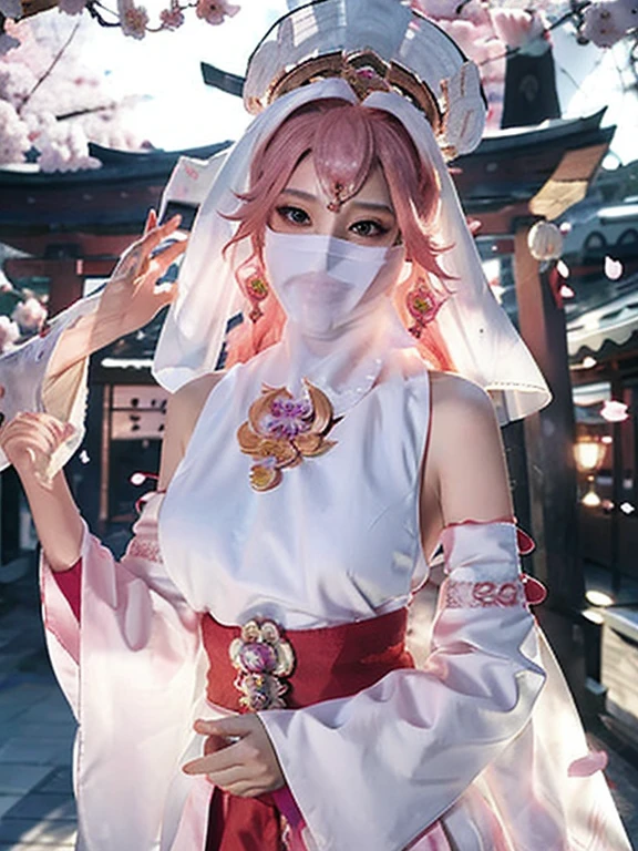 1girl, (ulzzang-6500:0.725), Detail Beautiful delicate face, Detail Beautiful delicate eyes, kpop idol, yae miko, detached sleeves, bare shoulders, pink hair, long hair, best quality, (photorealistic:1.2), (hair ornament:1.35), jewelry, purple eyes, earrings,, large breasts, torii, cherry blossoms, lantern light, depth of field, detailed face, face focus, (looking at viewer:1.25), shiny skin, long sleeves, wearing face veil, (white face veil, silk mask veil:1.3), game cg, thighhighs, hands on lips, east asian architecture, blurry background, full body, arms behind back