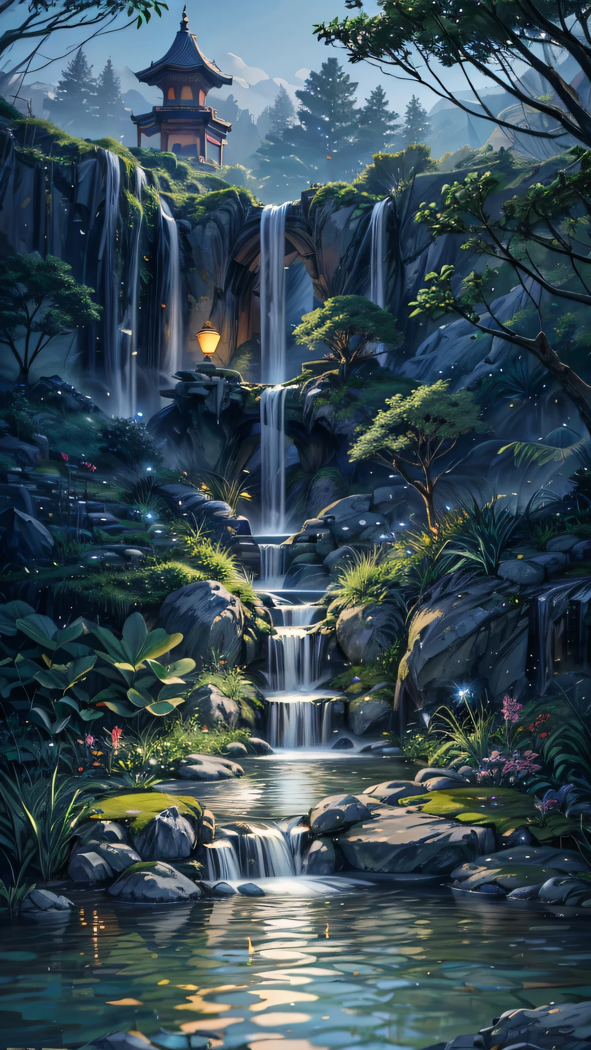 Ancient Chinese architecture, garden, bamboo, lake, stone bridge, rockery, arch, corner, rockery, tree, flowing water, landscape, outdoor, waterfall, meadow, rock, water lily, stream, lotus, moon, night view, hot springs, water vapor, (illustration: 1.0), epic composition, realistic lighting, high-definition detail, masterpiece, best quality, (very detailed CG unified 8k wallpaper), (best quality)
