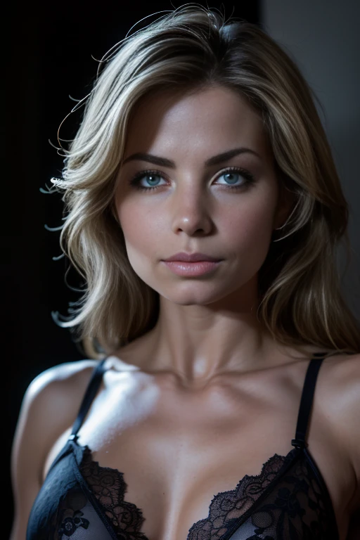 ((woman photographed from the front standing in front of the camera)), (full body:1.2), A beautiful detailed face of Erica Durance, blonde hair, blue eyes, muscular body, (lace lingerie:1.3), oily skin, realistic skin texture with pores, Small head, hyper-realistic, 8K, HDR, extremely detailed, photorealistic, professional lighting, standing pose, cinematic, chiaroscuro, skin texture perfect, flawless skin, highly detailed muscles, vascular, veins, glowing skin, glowing skin, detailed eyes, long eyelashes, full lips, sharp facial features, intense expression,