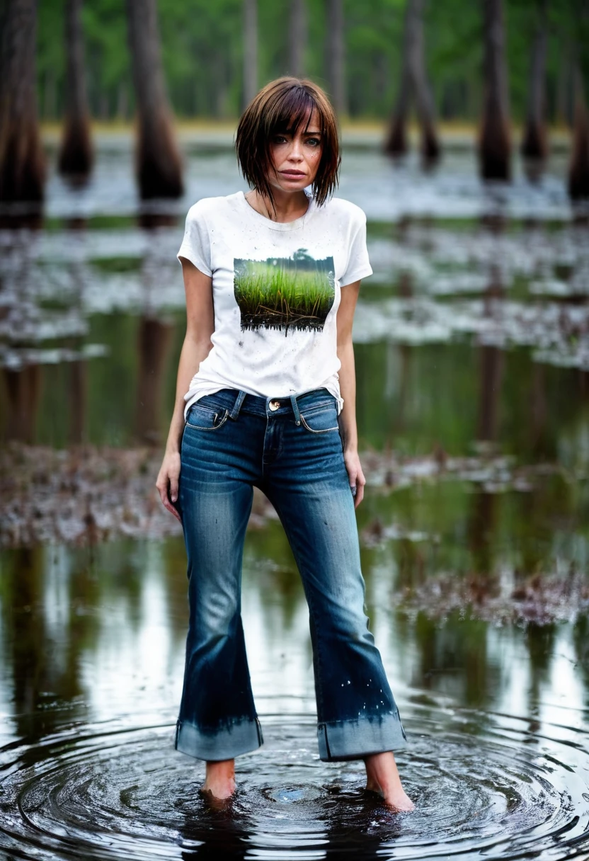 (Best Quality,hight resolution,bokeh:1.2),(Swamp water in the foreground:1.37),The woman,(standingn:1.0),(Feet submerged in the swamp:1.0),(Wide flares on jeans:1.27),(Water-soaked clothing:1.1),Pronounced wrinkles,Bob haircut,Detailed eyes and face,tshirt,expression of despair,reddened face,adrenaline,Imminent Doom,desperation,(gloomy ecstasy:1.0), Posing,