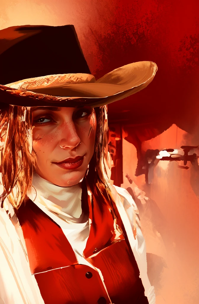 R3DD34Dstyle, digital portrait, cowgirl, white shirt, brown hat, Meticulous Facial Features, patronage, red background