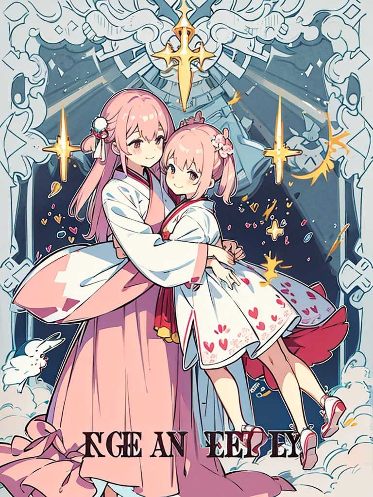 Two girls, one tall and one short, smiling,Hug each other and look at each other。The image is light pink。One of them is wearing Hanfu,A modern dress。The character is plump
