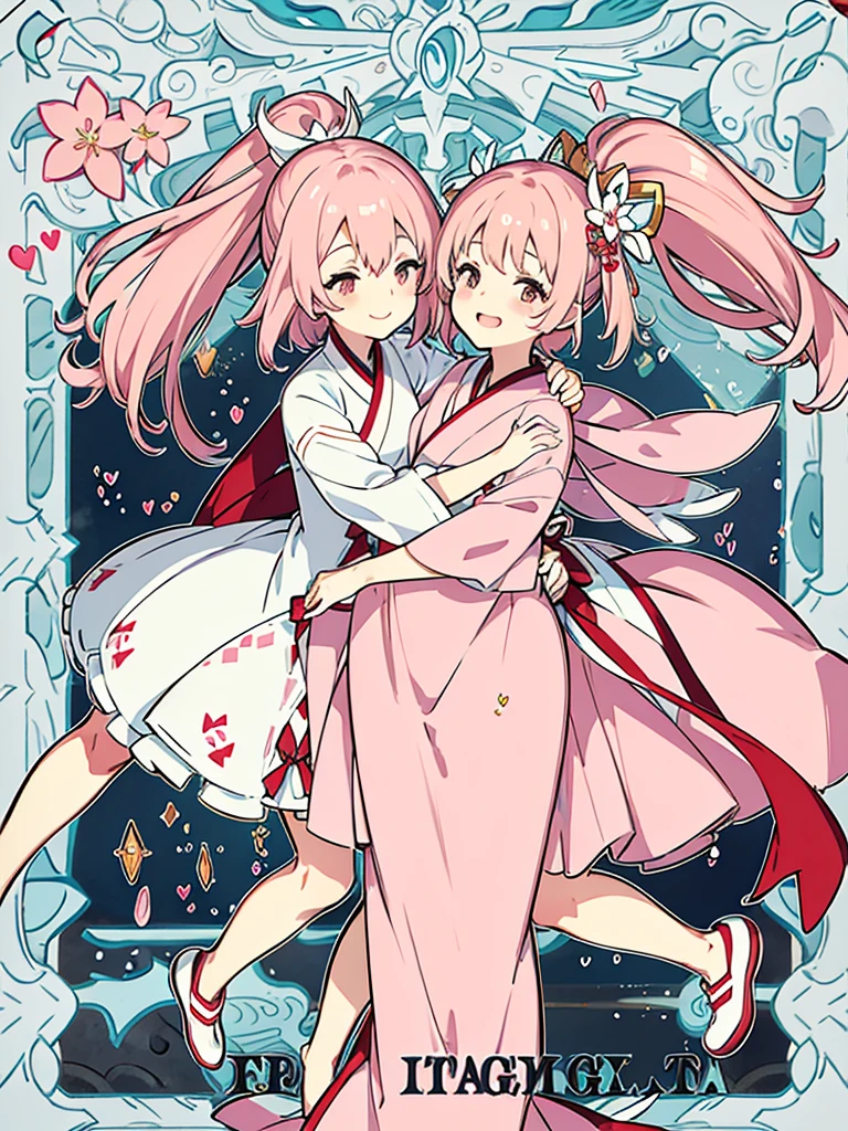 Two girls, one tall and one short, smiling,Hug each other and look at each other。The image is light pink。One of them is wearing Hanfu,A modern dress。The character is plump