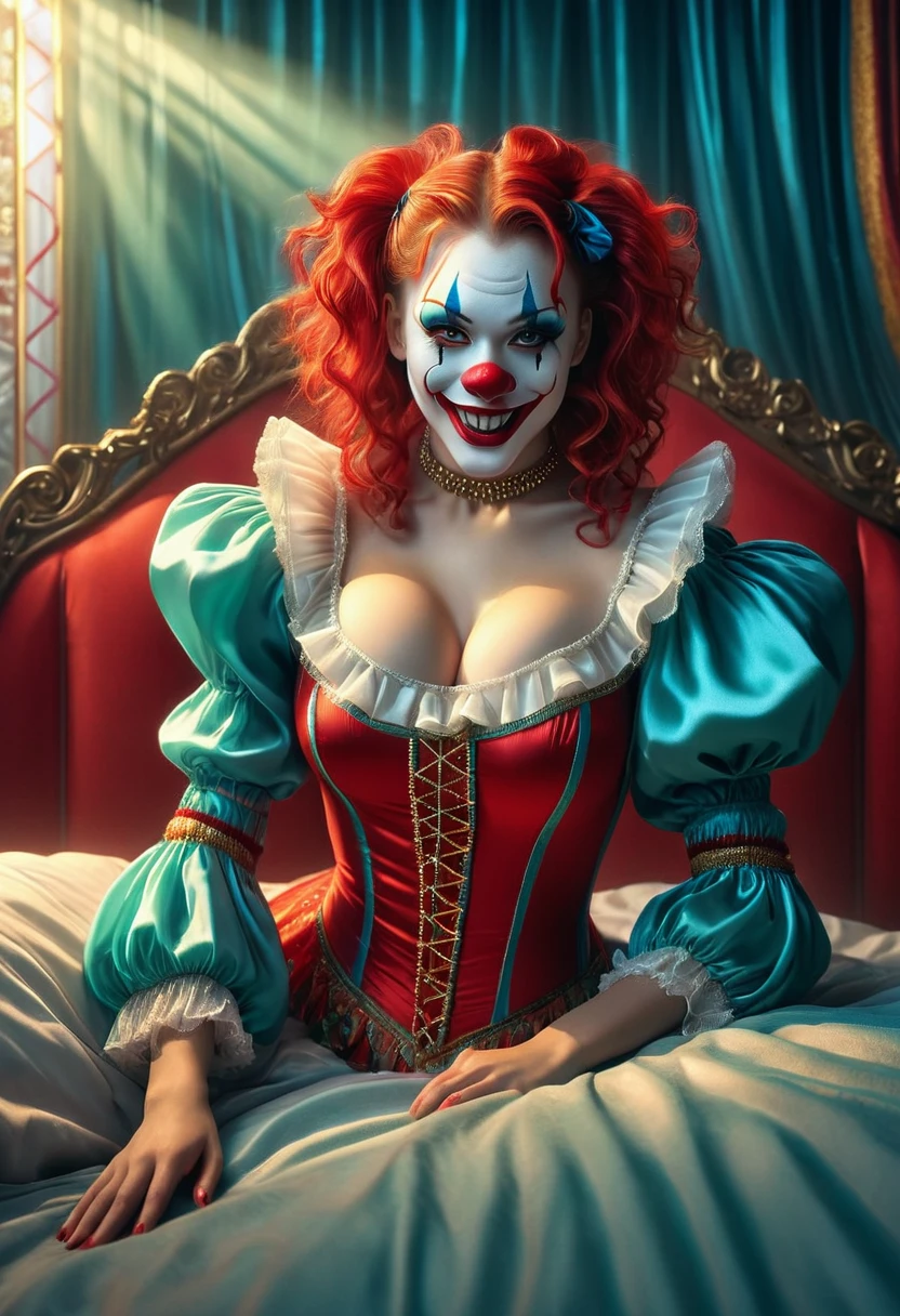 (masterpiece, 8K, UHD, RAW), a sexy girl kissing a evil clown in bed, (((a beautiful young woman riding on top of one huge horrific circus clown with a red nose))), (she rides the male Clown with lustful femininity), her beautiful body is covered by a sheer translucent white tunic with Art Nouveau embroidery, big sexy perky breasts, her pristine delicate features contrasts with the horrendous menacing fangs of the corrupted male clown, full body vibrant illustrations, intricately sculpted, realistic hyper-detailed portraits, queencore, depicts real life, the scene happens in a luxurious Art Nouveau boudoir with studio illumination, red and teal silk satin, Sexy smile,