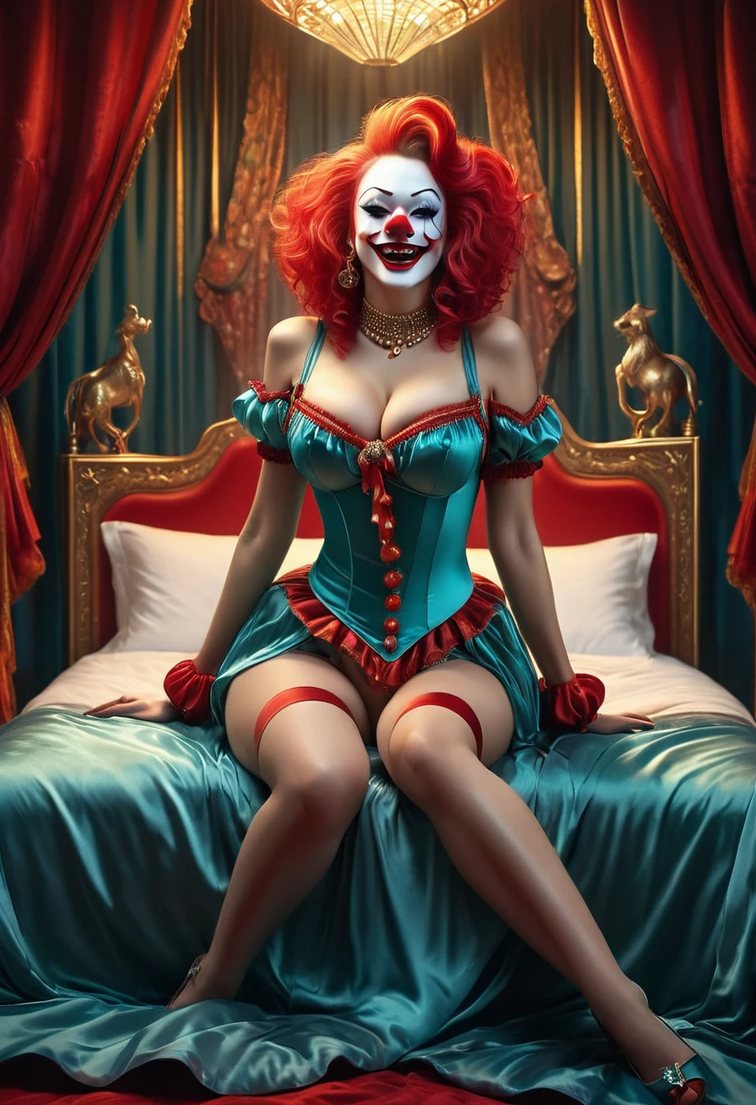 (masterpiece, 8K, UHD, RAW), a sexy girl kissing a evil clown in bed, (((a beautiful young woman riding on top of one huge horrific circus clown with a red nose))), (she rides the male Clown with lustful femininity), her beautiful body is covered by a sheer translucent white tunic with Art Nouveau embroidery, big sexy perky breasts, her pristine delicate features contrasts with the horrendous menacing fangs of the corrupted male clown, full body vibrant illustrations, intricately sculpted, realistic hyper-detailed portraits, queencore, depicts real life, the scene happens in a luxurious Art Nouveau boudoir with studio illumination, red and teal silk satin, Sexy smile,
