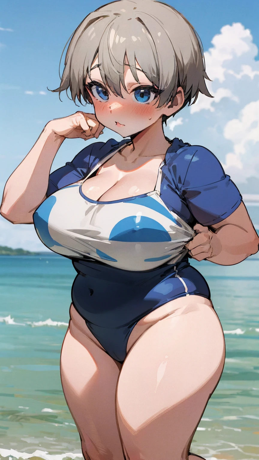 masterpiece, best quality, ultra-detailed, Potrait of beautiful , (chubby) (muscular), (plump), (sexly), (cleavage), ((tomboy)), (アニメ), (Breasts), (Plump), ((very short hair)), ((Uzaki Hana)), (overweight), (Gray Hair) (Ridiculous Swimsuit), ((Saggy breasts)), (blue eyes), (Short Hair), (blue eyes), ((thick)), (fullbody), (swimsuit), (Embarrassing), (blushing)