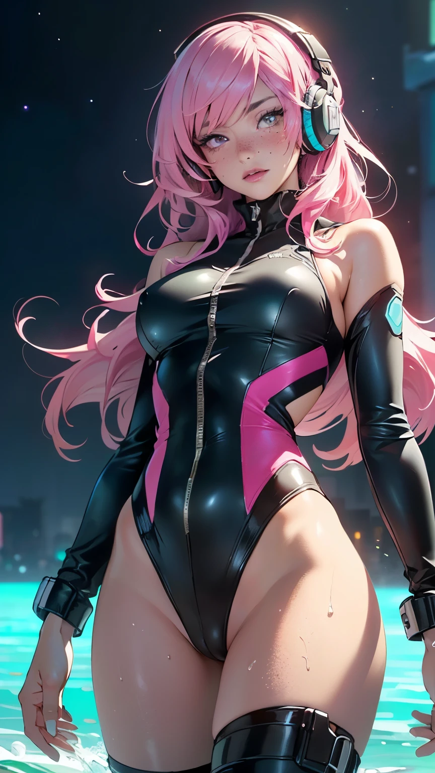 sporty girl,(((1girl))),((girl with bubblegum pink hair and freckles,extremely cute and gorgeous)),
(large :1.4),saggy breastsblegum pink hair:1.35,straight hair,long hair:1.4,colored inner hair,ear breathing))),((heterochromia:1.5, (pink_eye and aqua_eye))),(((freckles on the face,freckles,freckled girl))),((fat)),(((lustrous skin:bright skin: 1.5,skin tanned,shiny skin,very shiny skin,shiny body,plastic glitter skin,exaggerated shiny skin,illuminated skin, wet legs))),(spider lower abdomen,narrow waist,wide hip,athletic body,inflated legs,detailed body,(detailed face)),
cute,slutty,seductive,erotic,(((nsfw))),ai ryouiki,((one-piece_swimsuit magenta,wearing a one-piece_swimsuit outfit:1.3,swimsuit type spacesuit,magenta armor swimsuit:1.3)),,(rgb headphones:1.5),((wet clothes,intricate outfit,intricate clothes)),
(dynamic pose:1.0),embarrassed,(centered,scale to fit dimensions,Rule of thirds),
cyberpunk city by the ocean at night, with bright neon signs and dark stormy clouds and puddles, scenery:1.25,
artistic photography,(photography taken by sldr),highres, sharp focus, (ultra detailed, extremely detailed), (photorealistic artwork:1.37),(extremely detailed CG unity 8k wallpaper),((synthwave background theme)),(((vibrant colors))),(intricate background),(masterpiece),(best quality),