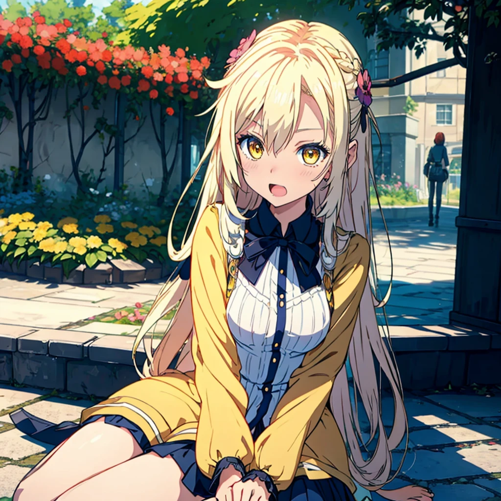 Girl with dog ears and tail, erect ears, honey yellow eyes, Highly detailed eyes, long hair and(( White)) with a small braid on the sides, denim shorts, translucent blouse, whole body, looking up, open mouth smile, big chest, beautiful body, detailed face y con amplia gama de gestos, sitting on a bench around a garden with flowers of various colors, detailed background, detailed face, Play of light and shadows, cinematographic, high quality, 8k, Masterpiece, 