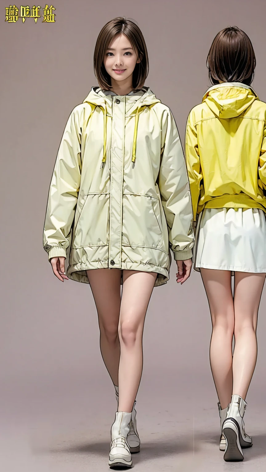 ((masterpiece)),(((Highest quality))),((Character design sheet)), Thin thighs,Long legs,18 year old Japanese girl, Cute type,The best smile:1.5、White and yellow fabric long parka:1.5, Black panties peek:1.5,Short cut side wave , Walking、